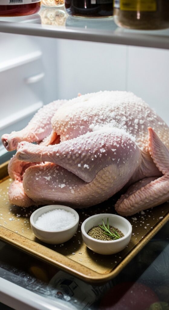  raw turkey dry brining uncovered in a refrigerator