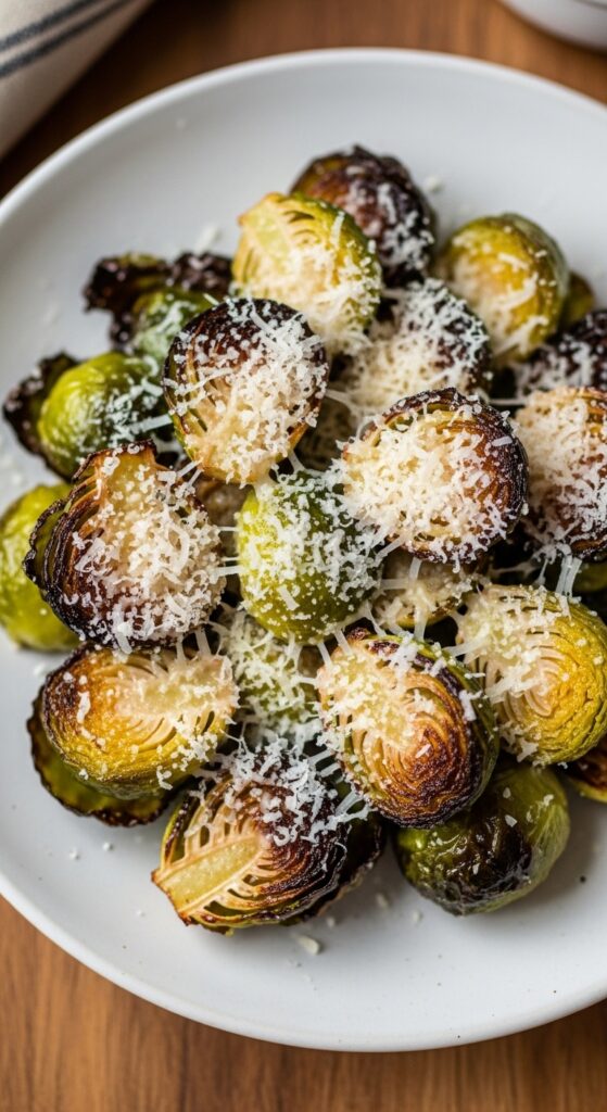 roasted Brussels sprouts topped with freshly grated Parmesan