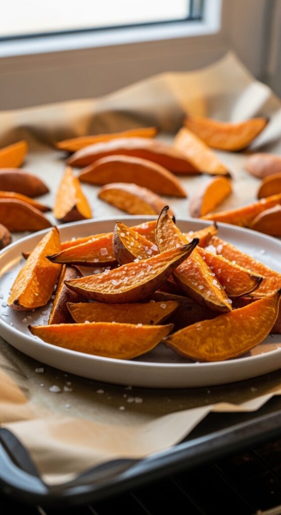 roasted sweet potato wedges piled