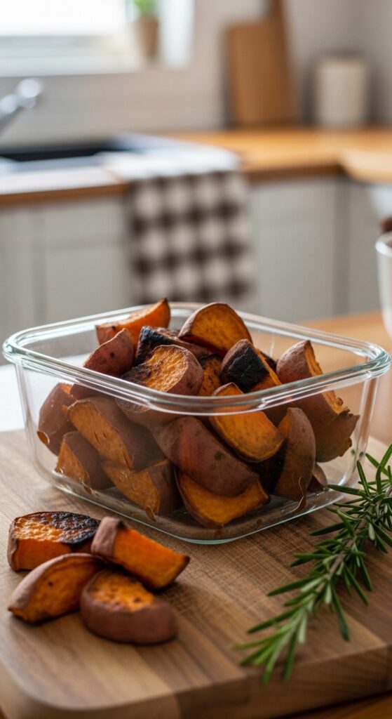 roasted sweet potatoes stored in a glass