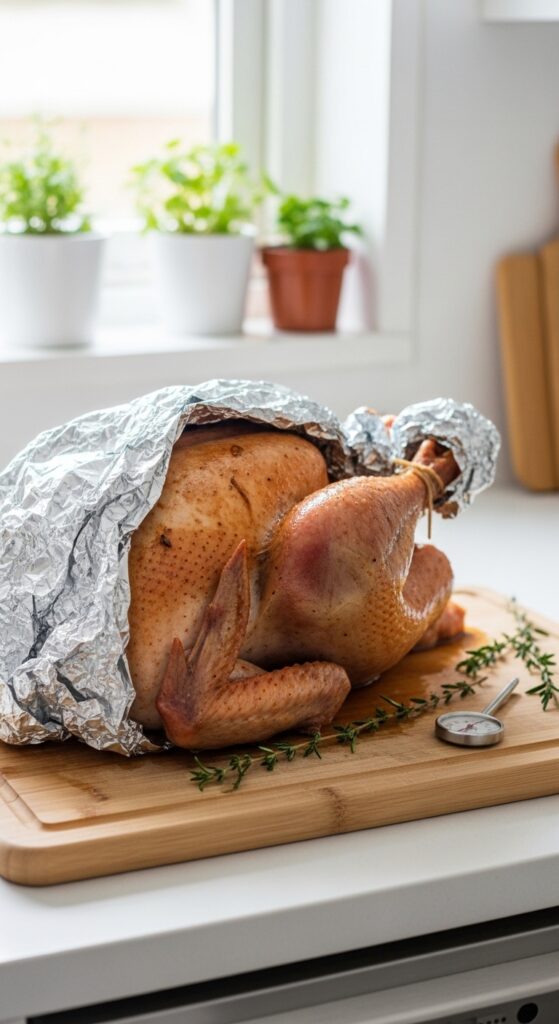 roasted turkey resting on a cutting board