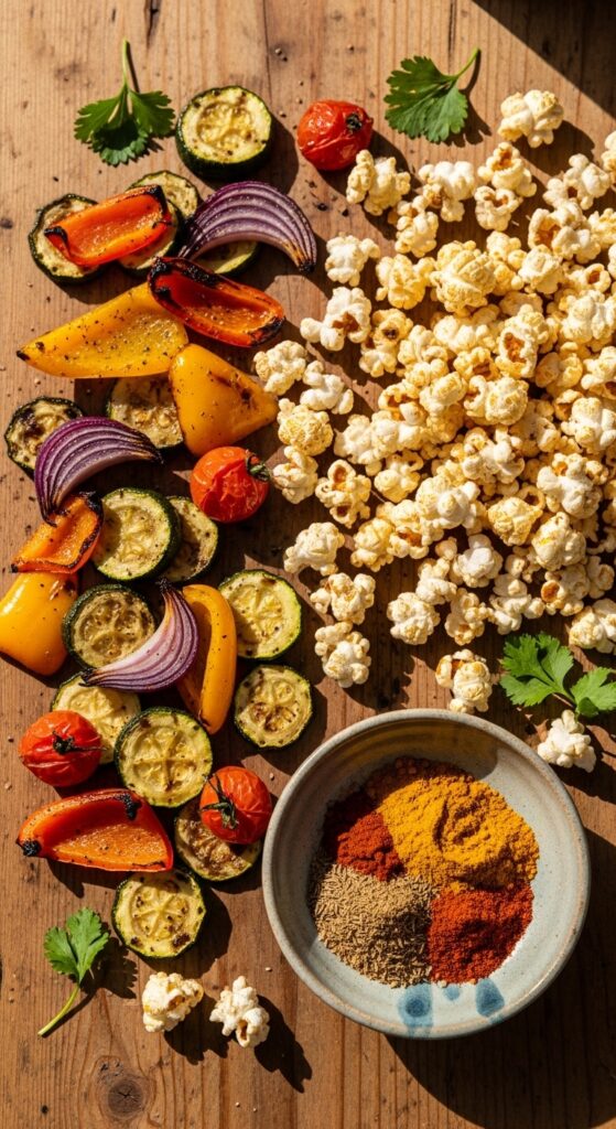 roasted vegetables, shawarma-spiced popcorn
