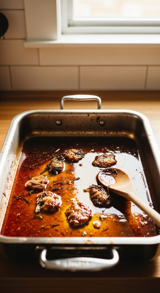 roasting pan with rich turkey drippings