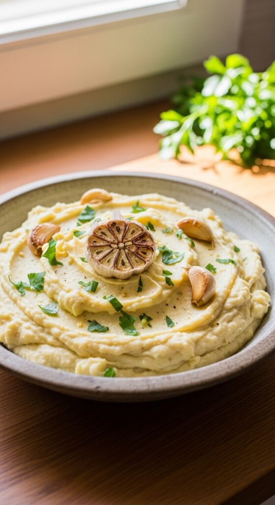rustic serving bowl of garlic mashed