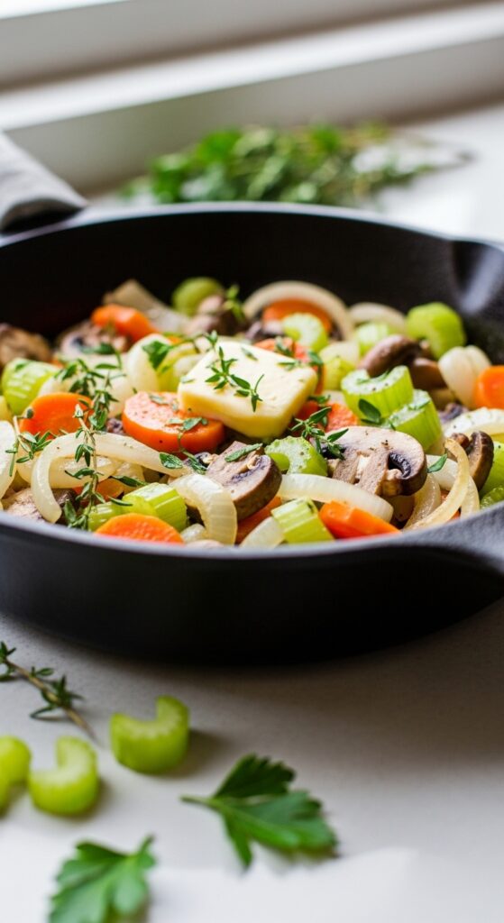 sautéed onions, celery, carrots, and mushrooms in butter