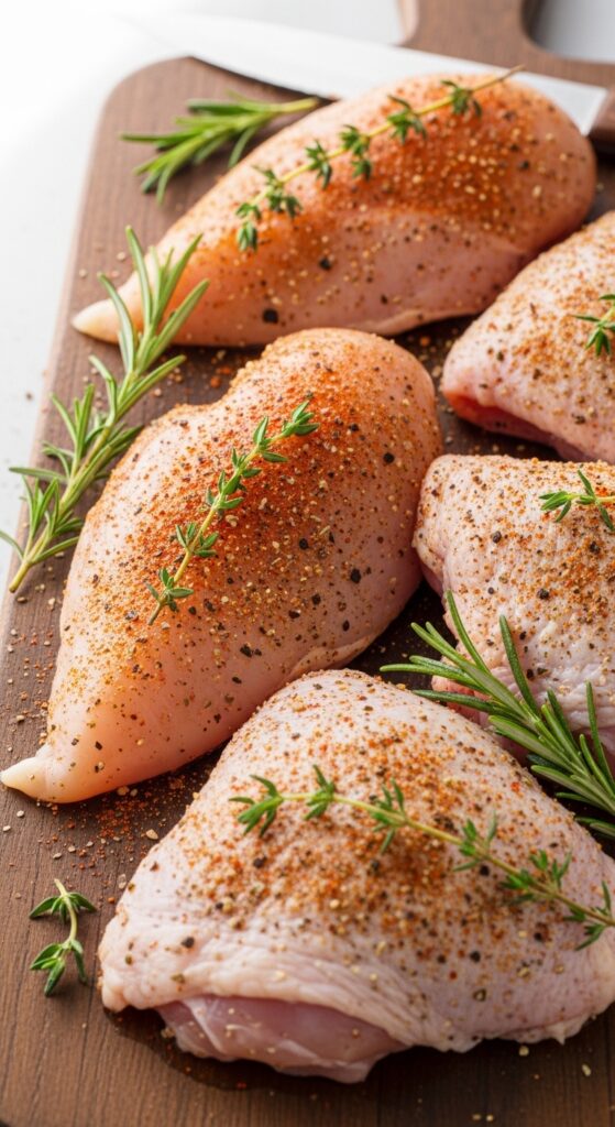 seasoned raw chicken breasts and thighs
