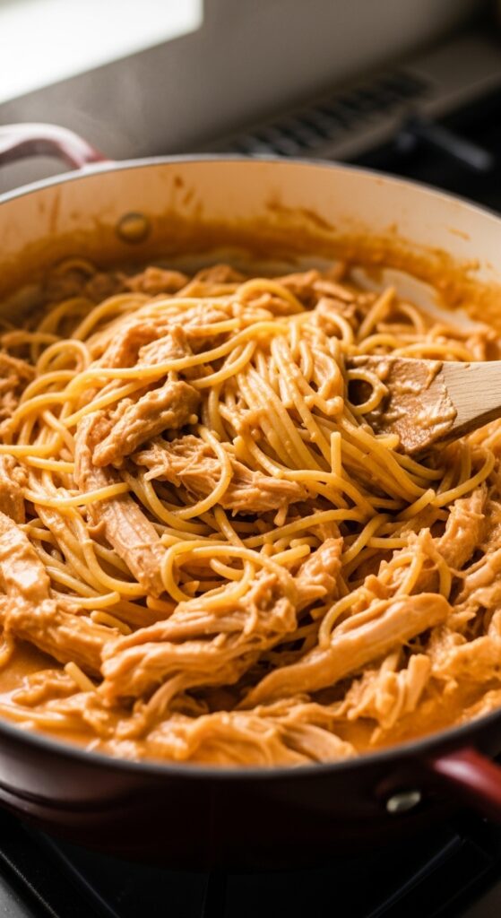 shredded turkey and cooked spaghetti being mixed into creamy sauce in a large pot