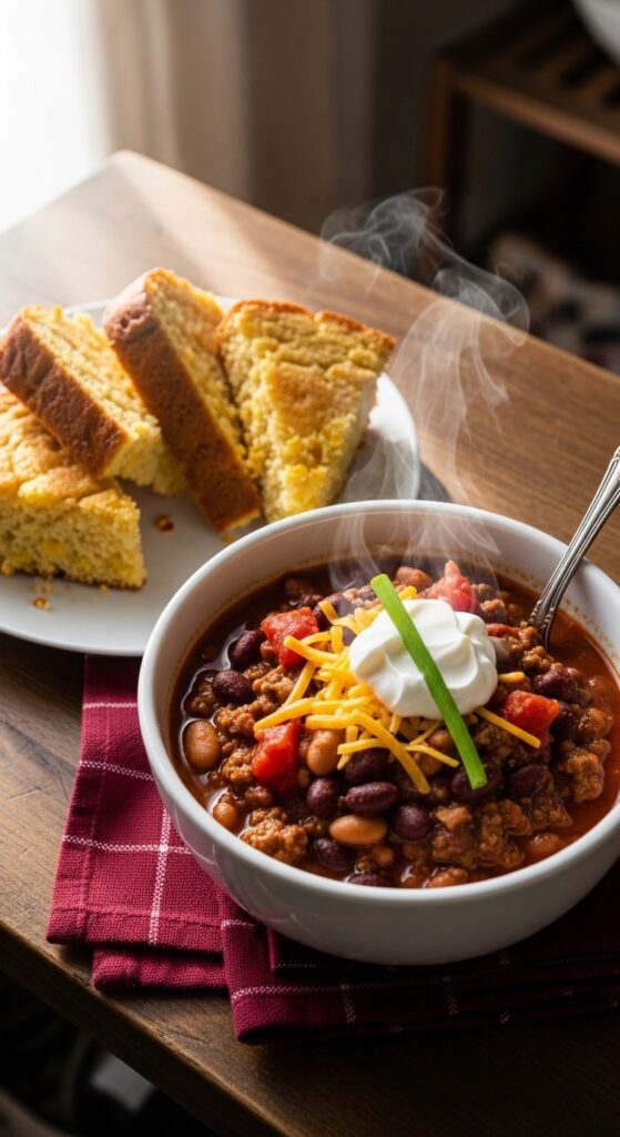sliced cornbread served next to a bowl of steaming chili