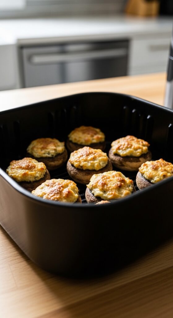 stuffed mushrooms inside an air fryer basket