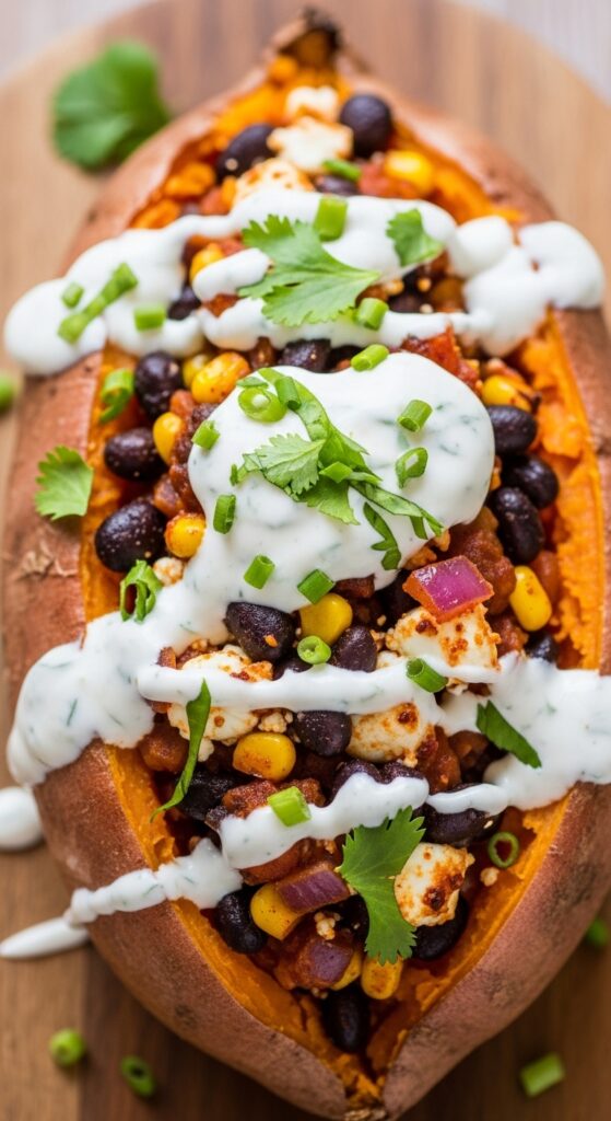stuffed sweet potato finished with a drizzle