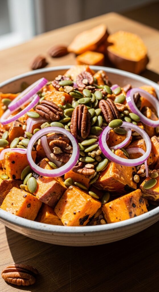 sweet potato salad in a bowl topped