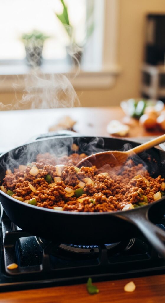 taco filling sizzling in a pan