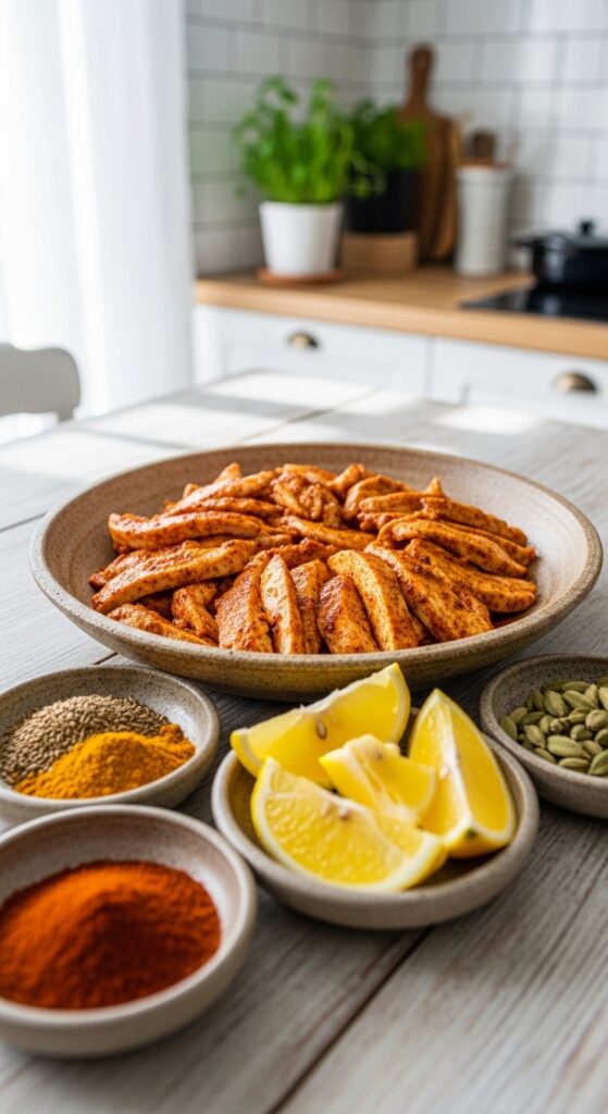 thinly sliced chicken tossed