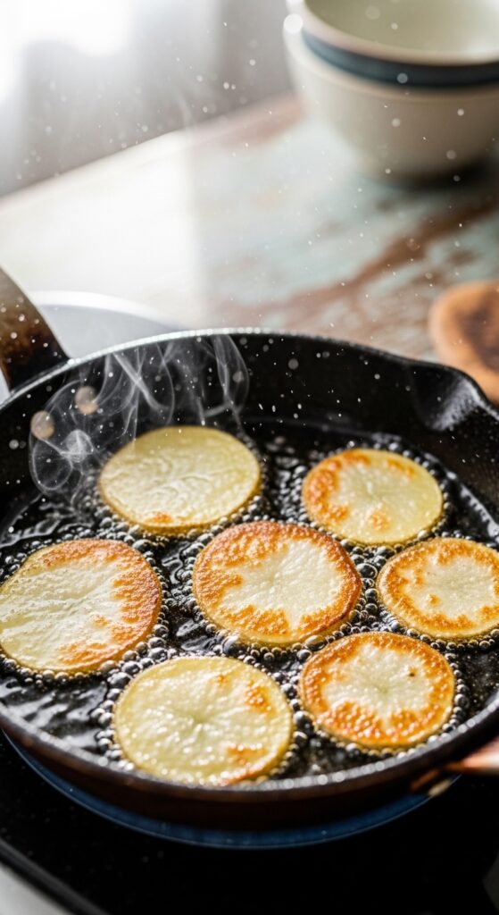 thinly sliced potatoes frying in a small pan of hot oil