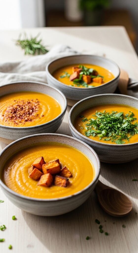 three bowls of homemade sweet potato soup