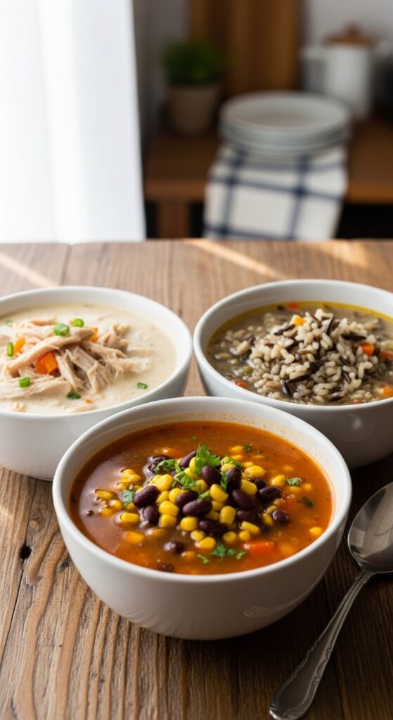 three bowls of turkey soup 