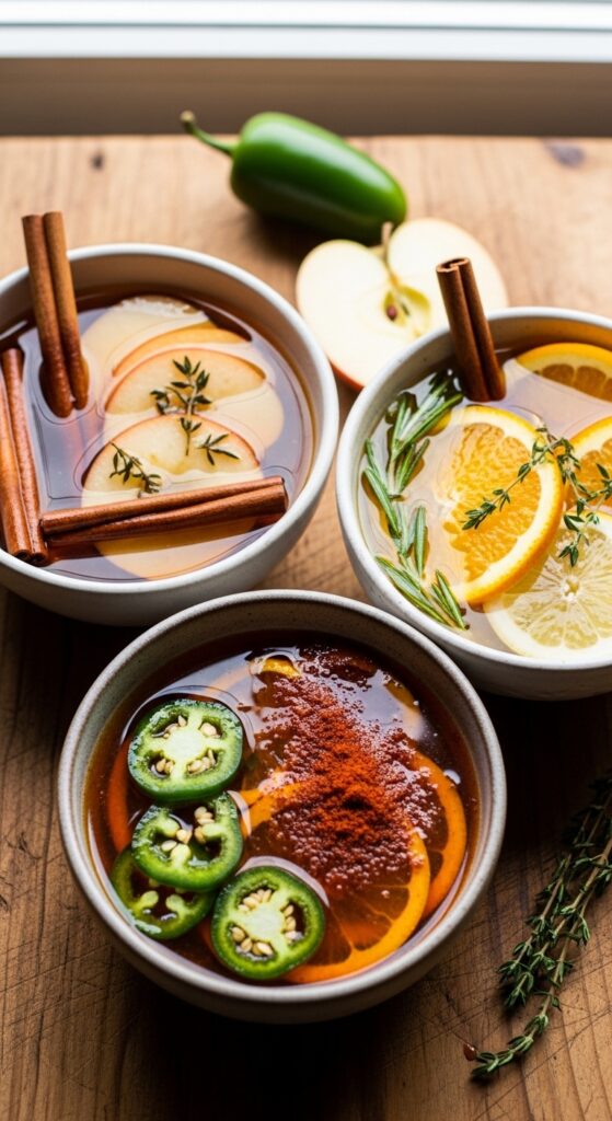three small bowls of flavored brines