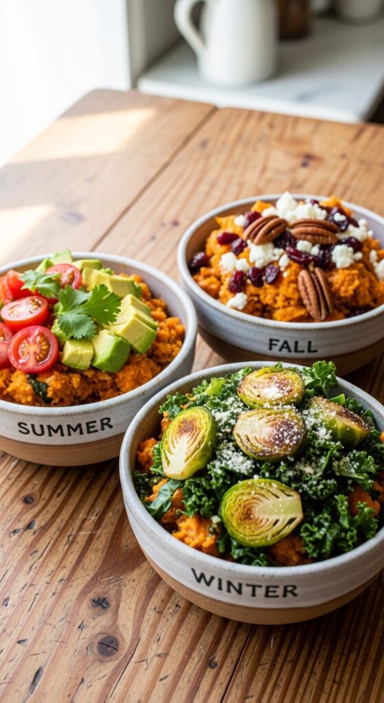 three small bowls of sweet potato salad