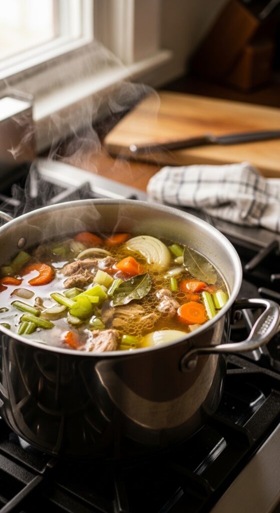 turkey broth simmering in a pot with carrots, celery, onion, and bay leaf