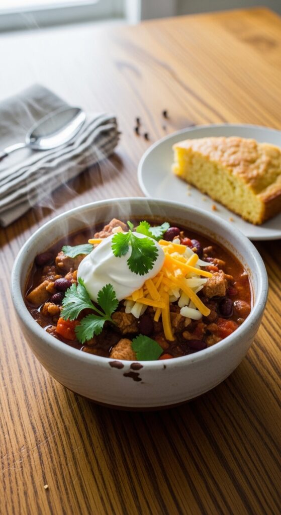 turkey chili served in a ceramic bowl on a wooden table