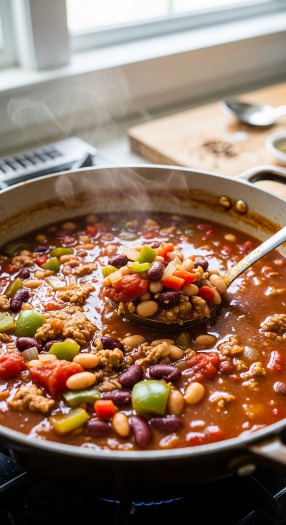 turkey chili simmering in a large pot