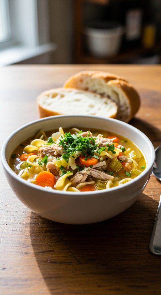 turkey noodle soup served in a simple ceramic bowl on a wooden kitchen table