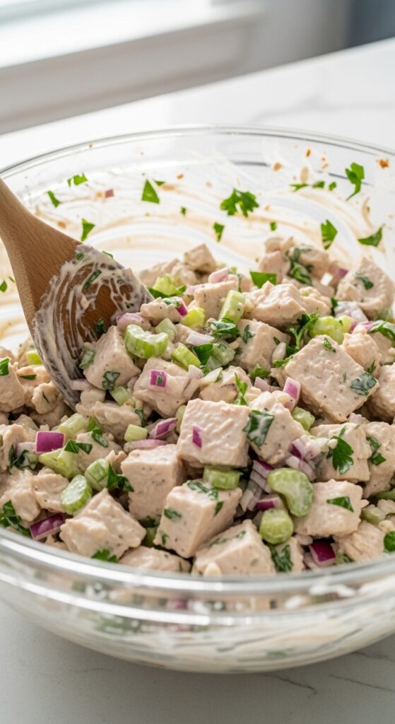 turkey salad being gently mixed in a large bowl