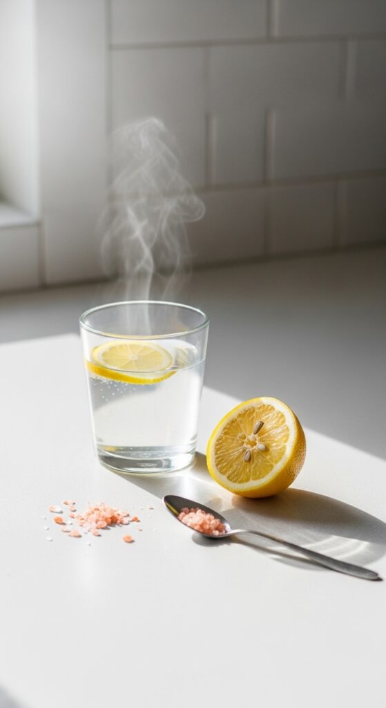 warm water in a glass, halved lemon