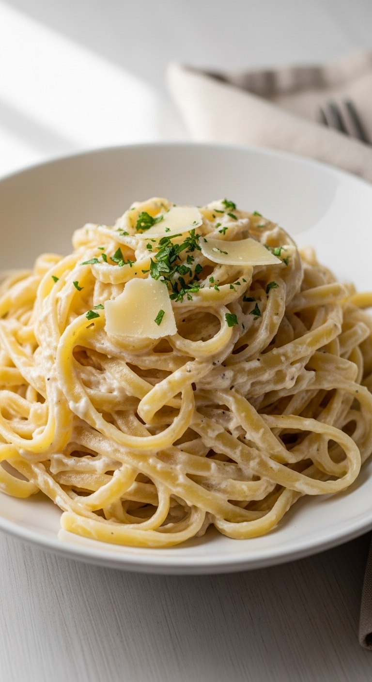 Al Dente Fettuccine Coated in Garlic Parmesan Sauce