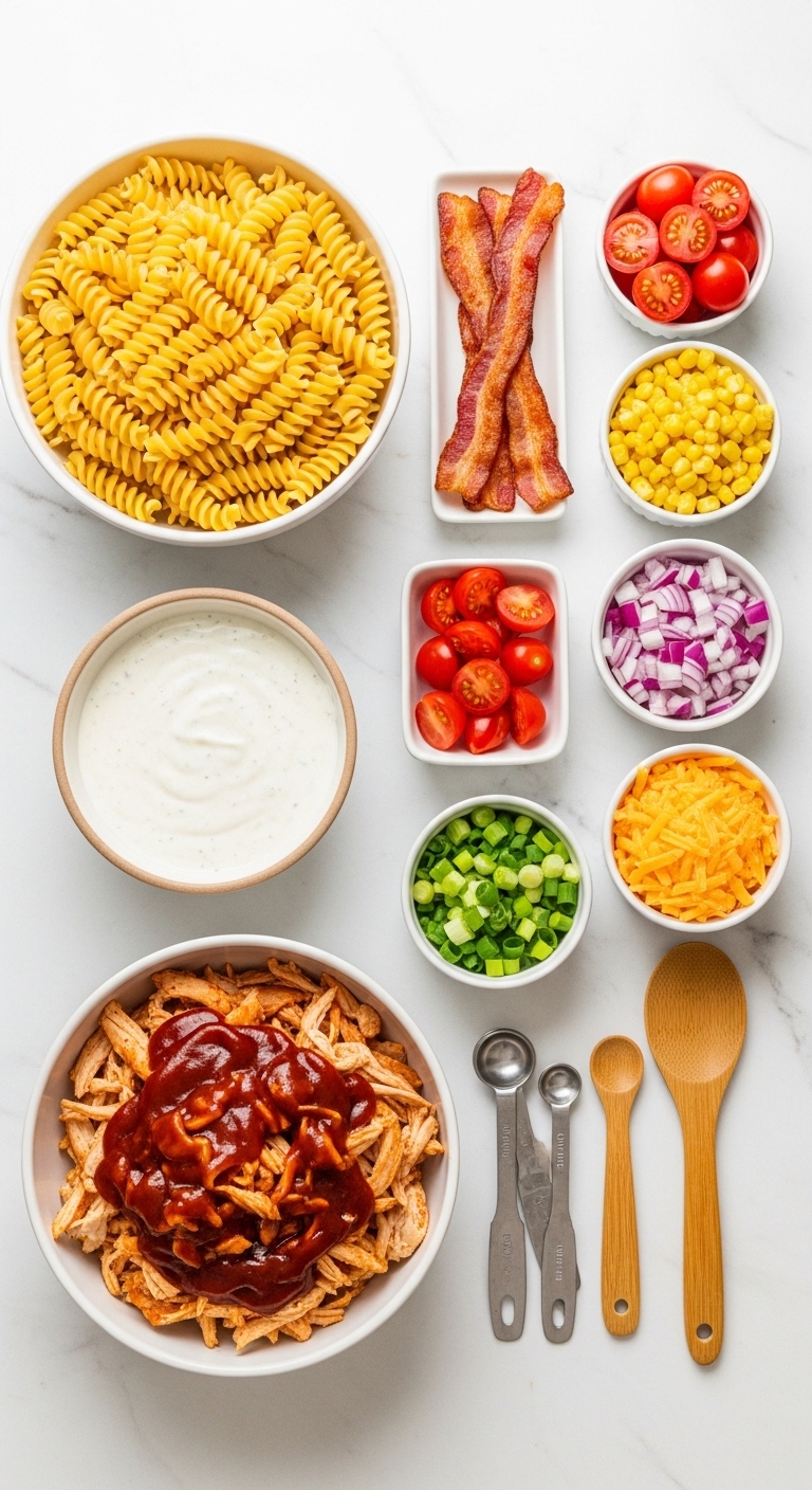 BBQ Chicken Ranch Pasta Salad Ingredients Flat Lay