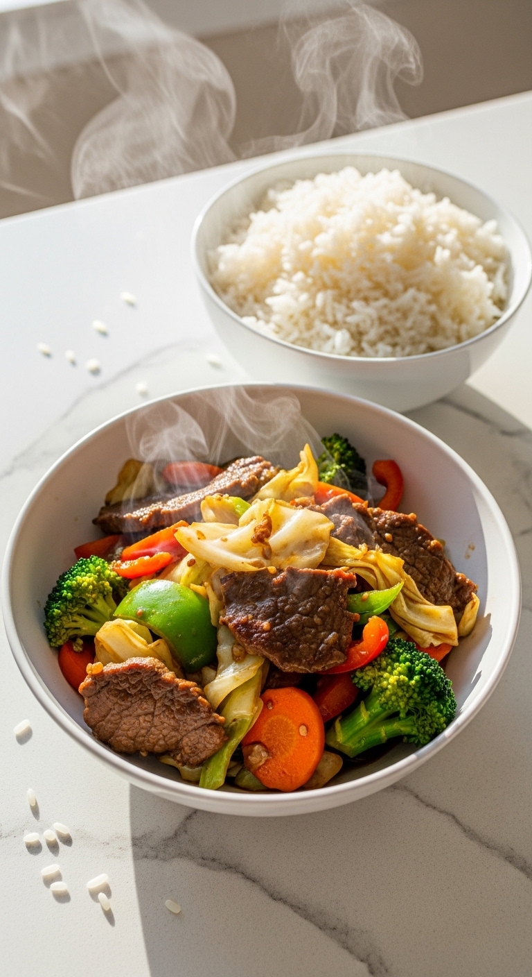 Beef Cabbage Stir Fry with Jasmine Rice