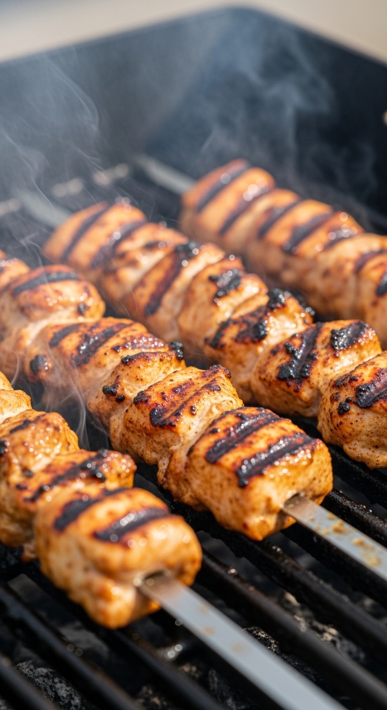 Chicken Skewers Grilling with Char Marks