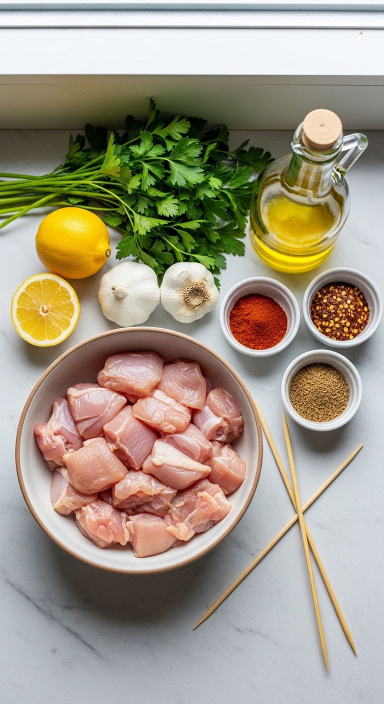 Chicken Skewers Ingredients on Kitchen Counter