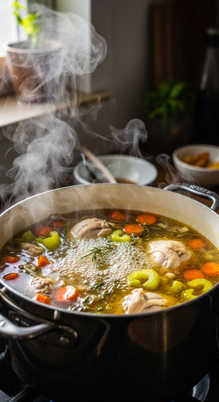 Chicken Soup Simmering in Stock Pot