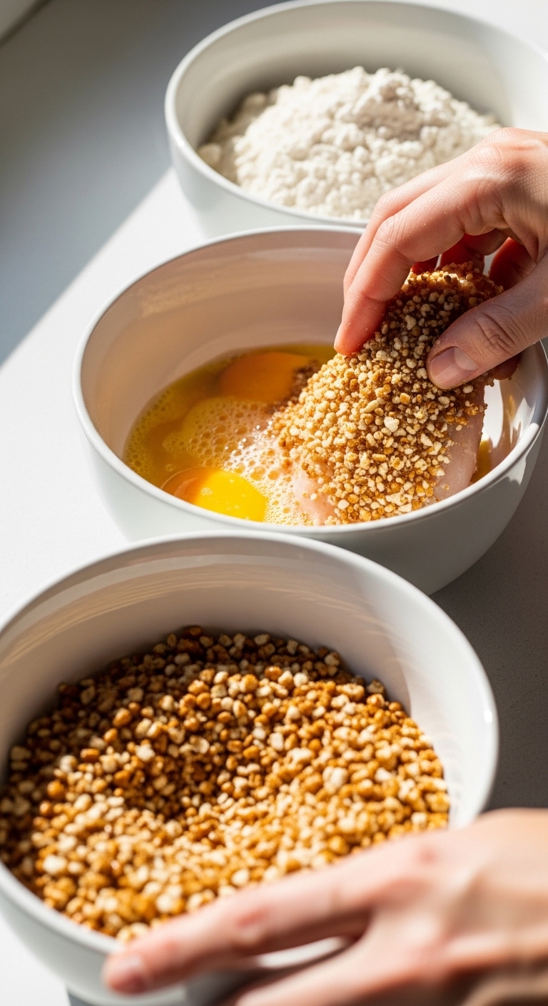 Coating Chicken with Pretzel Crumbs