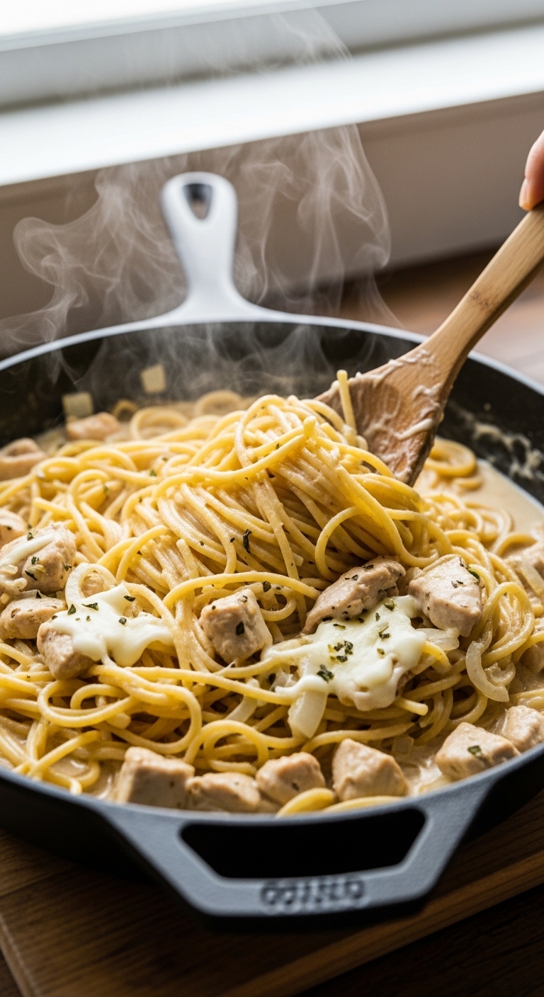 Cooking Creamy Chicken Spaghetti in Skillet