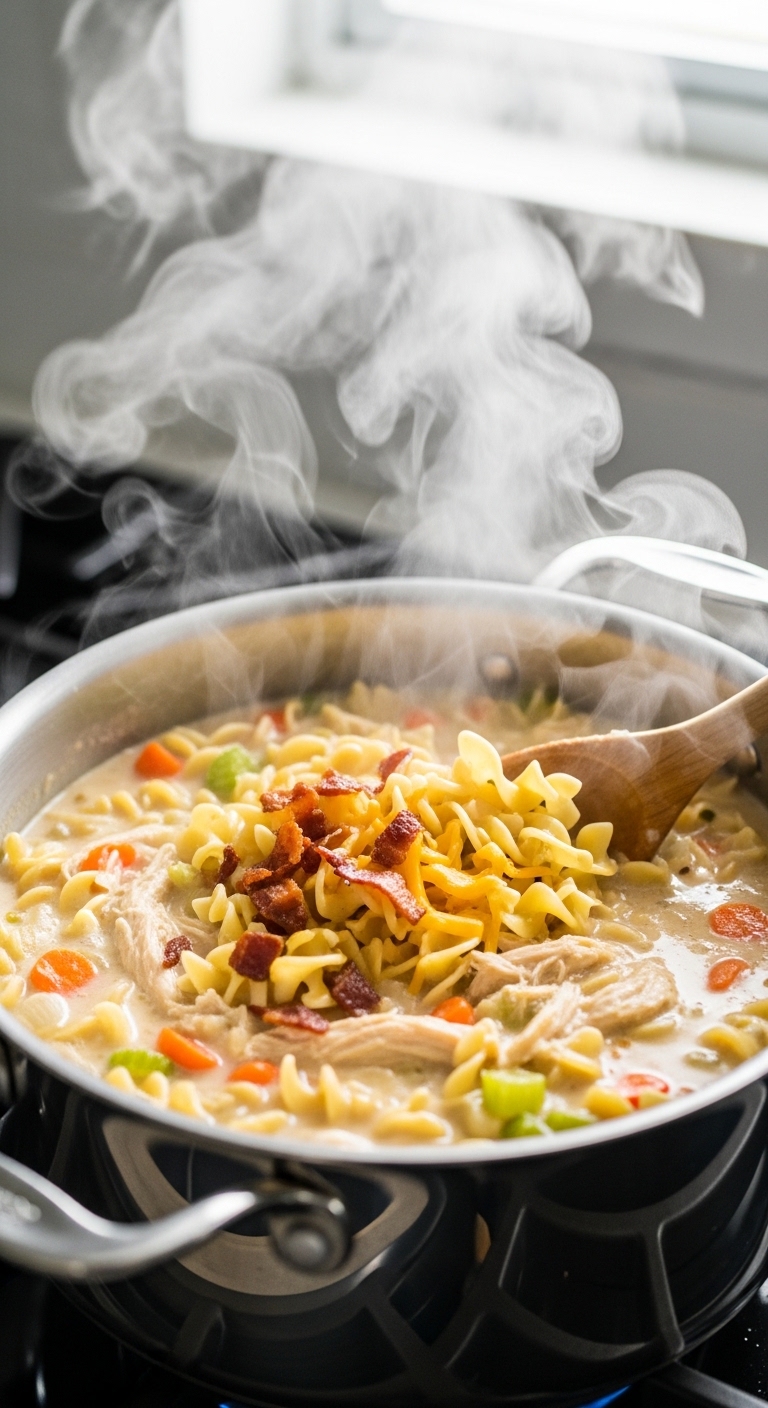 Creamy Chicken Noodle Soup Cooking in Pot