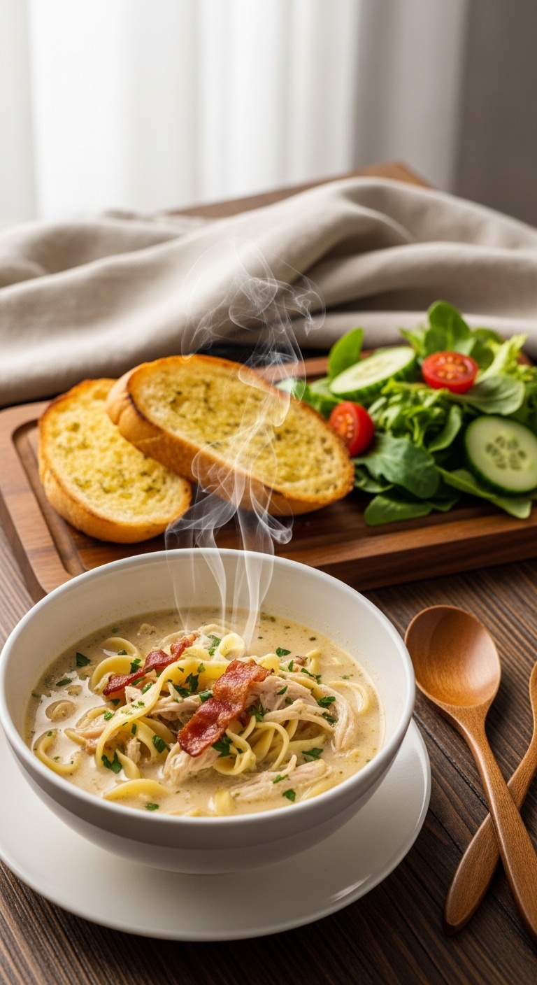 Creamy Chicken Noodle Soup with Garlic Bread Meal Setup