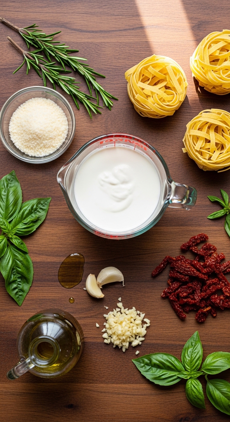Creamy Tuscan Pasta Ingredients Laid Out