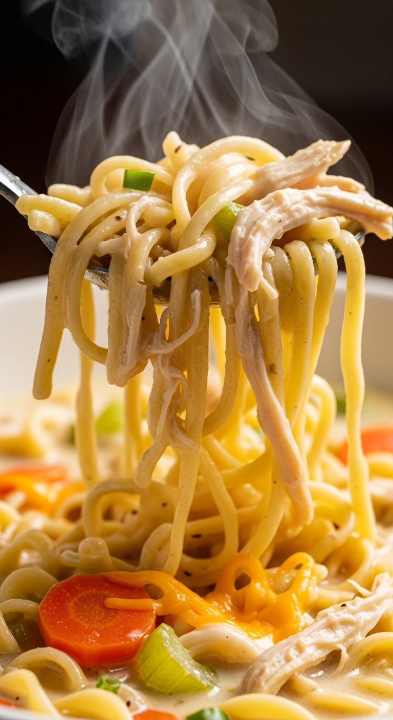 Egg Noodles Lifted from Creamy Chicken Soup Close-Up