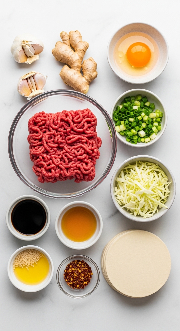Fresh Ingredients Flat Lay for Spicy Beef Dumpling Rolls 
