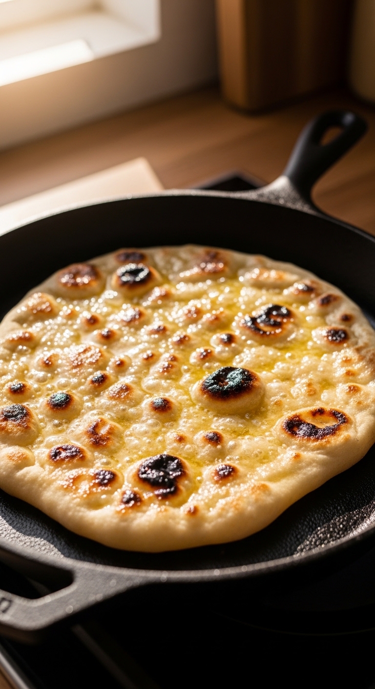 Freshly cooked homemade naan on a skillet