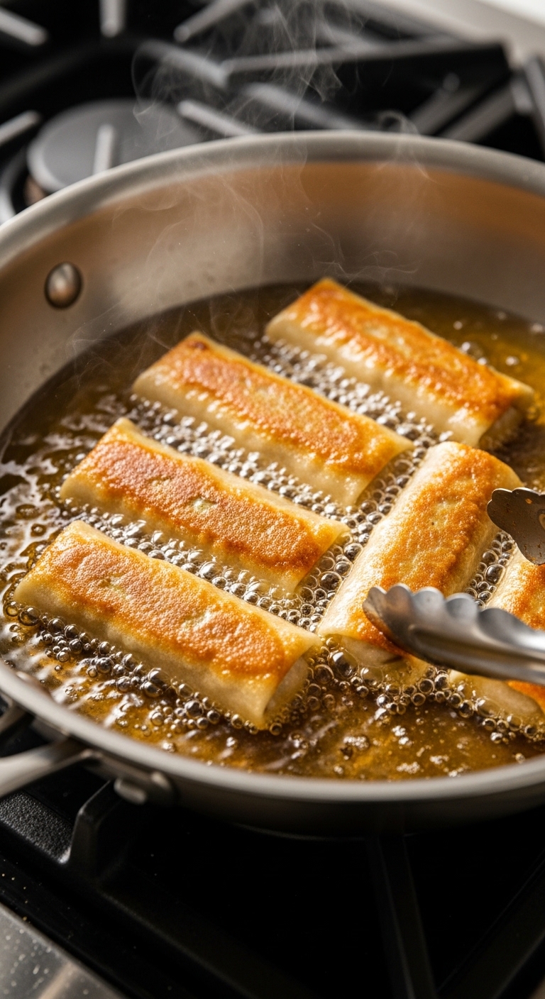 Golden Fried Spicy Beef Dumpling Rolls in Skillet