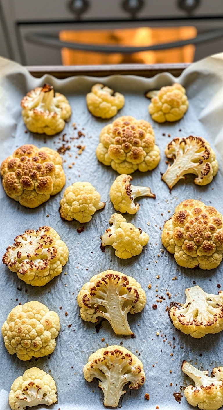 Golden Homemade Roasted Cauliflower on Baking Sheet