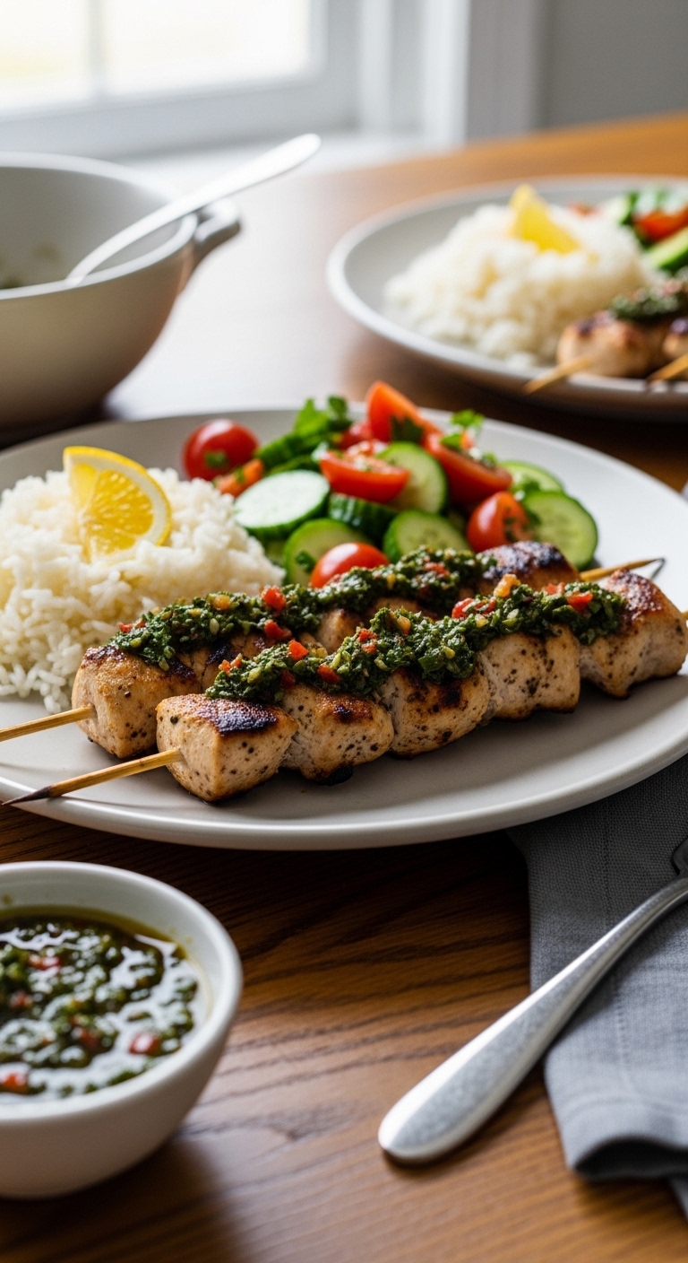 Grilled Chicken Skewers with Rice and Salad Plate 