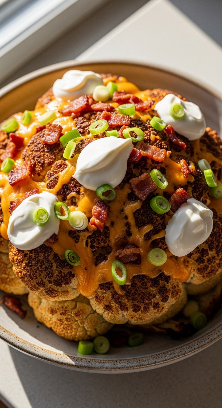 Homemade Cheesy Bacon-Topped Roasted Cauliflower