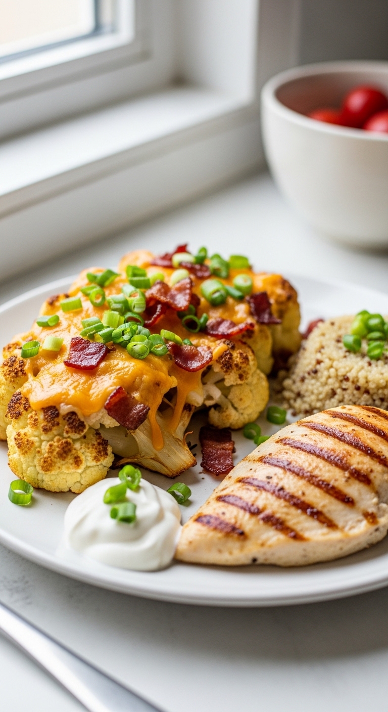 Homemade Loaded Roasted Cauliflower Served with Protein