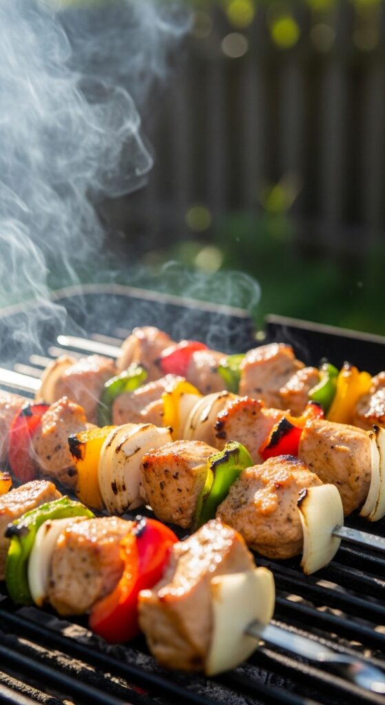 Homemade skewers sizzling on a backyard grill