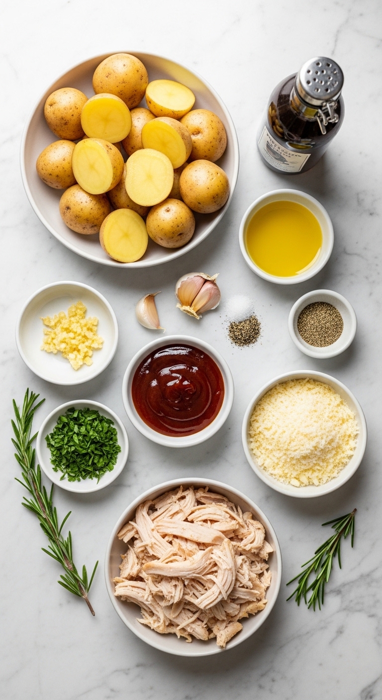 Honey BBQ Chicken Garlic Parmesan Potatoes Ingredients Flat Lay