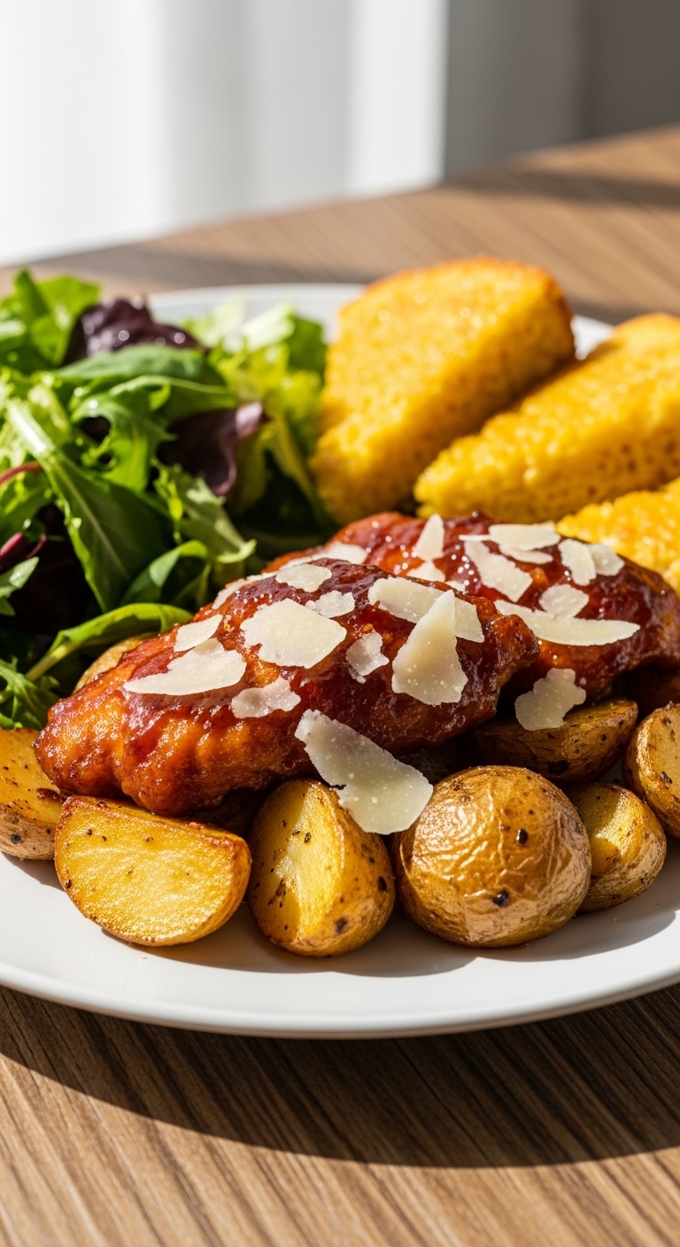 Honey BBQ Chicken Garlic Parmesan Potatoes with Salad and Cornbread